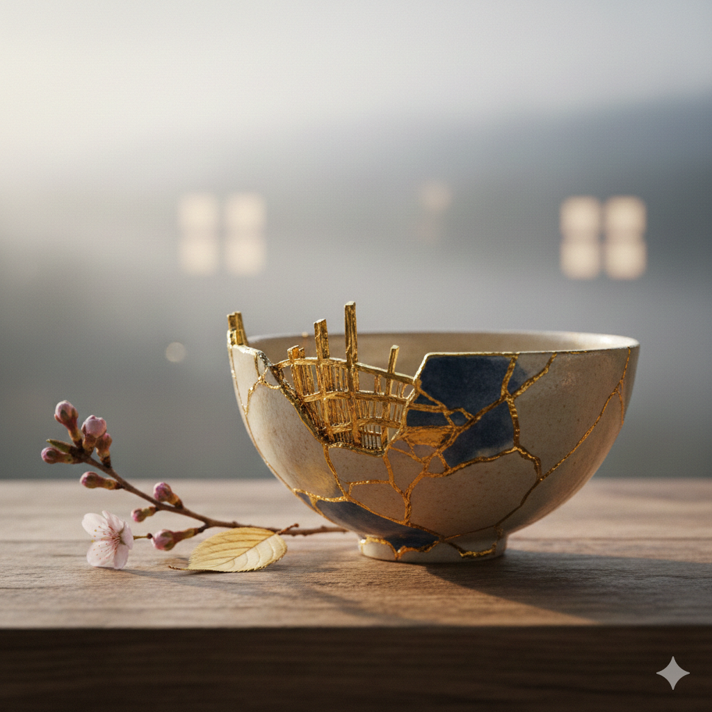 Minimalistyczny obraz symbolizujący architekturę obecności i spokój po traumie.