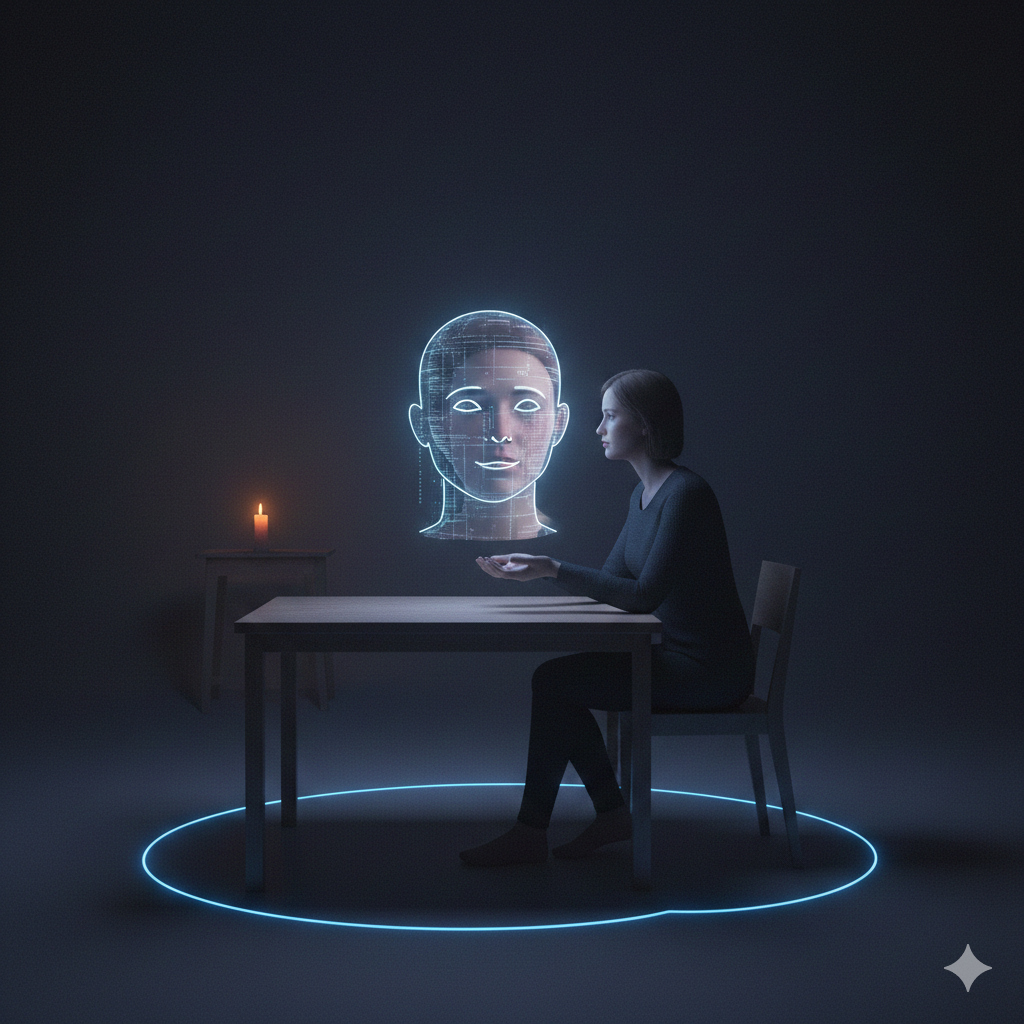 Kobieta siedząca przy stole naprzeciwko lewitującej, cyfrowej głowy hologramu; symbol dialogu człowieka z algorytmem i cyfrowego narcyzmu.